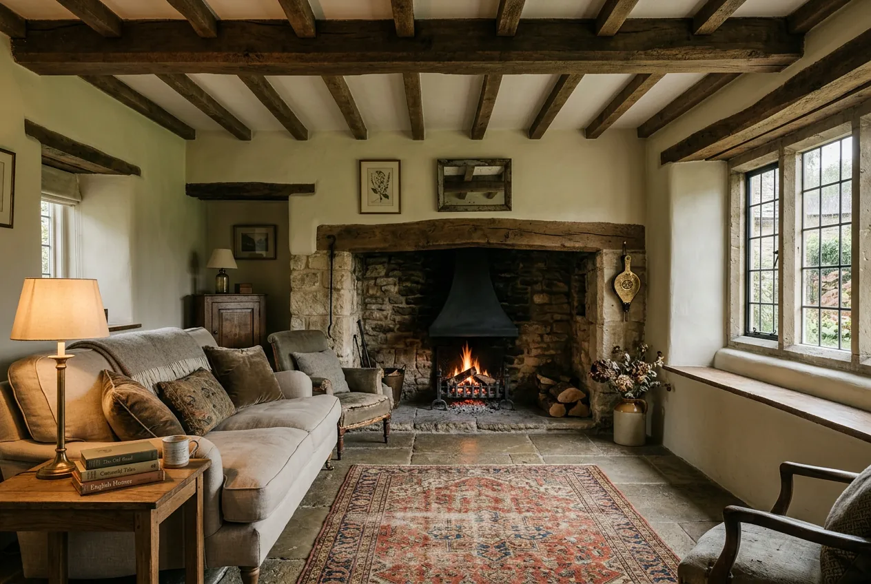 Refined Cotswold cottage interior with exposed beams and stone fireplace