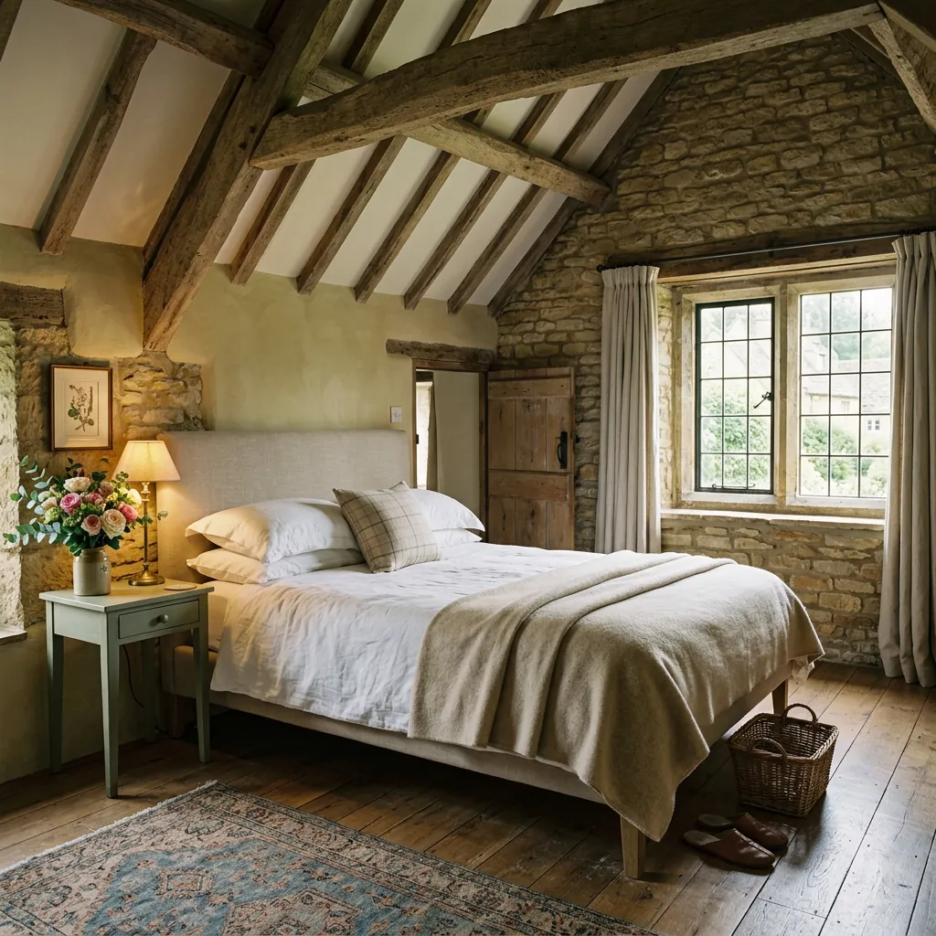 Quiet boutique bedroom inside a Cotswold stone cottage